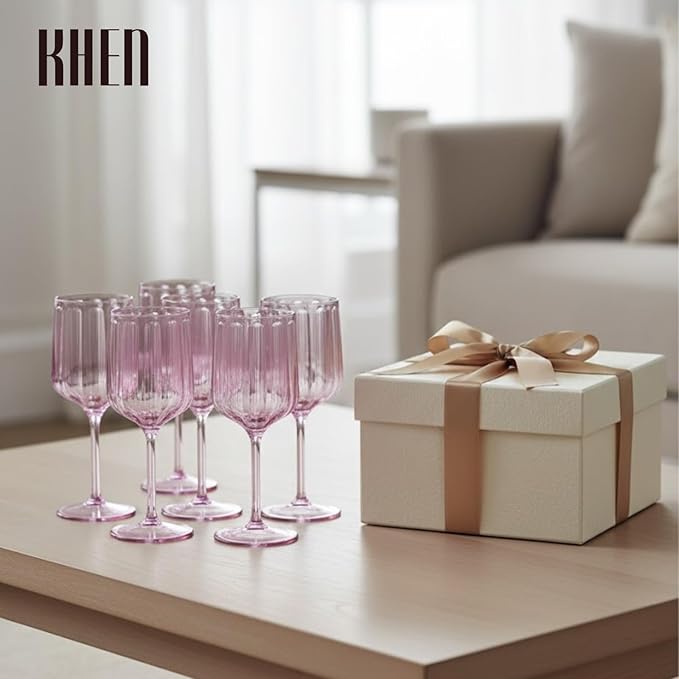 Khen Acrylic Lucia Stemmed Goblets - Unbreakable Wine Glasses Reusable Drinking Cups Dishwasher Safe Elegant Stemware for Cocktail Champagne | Kitchen Bar Party | Set of 6 |14oz | Lilac