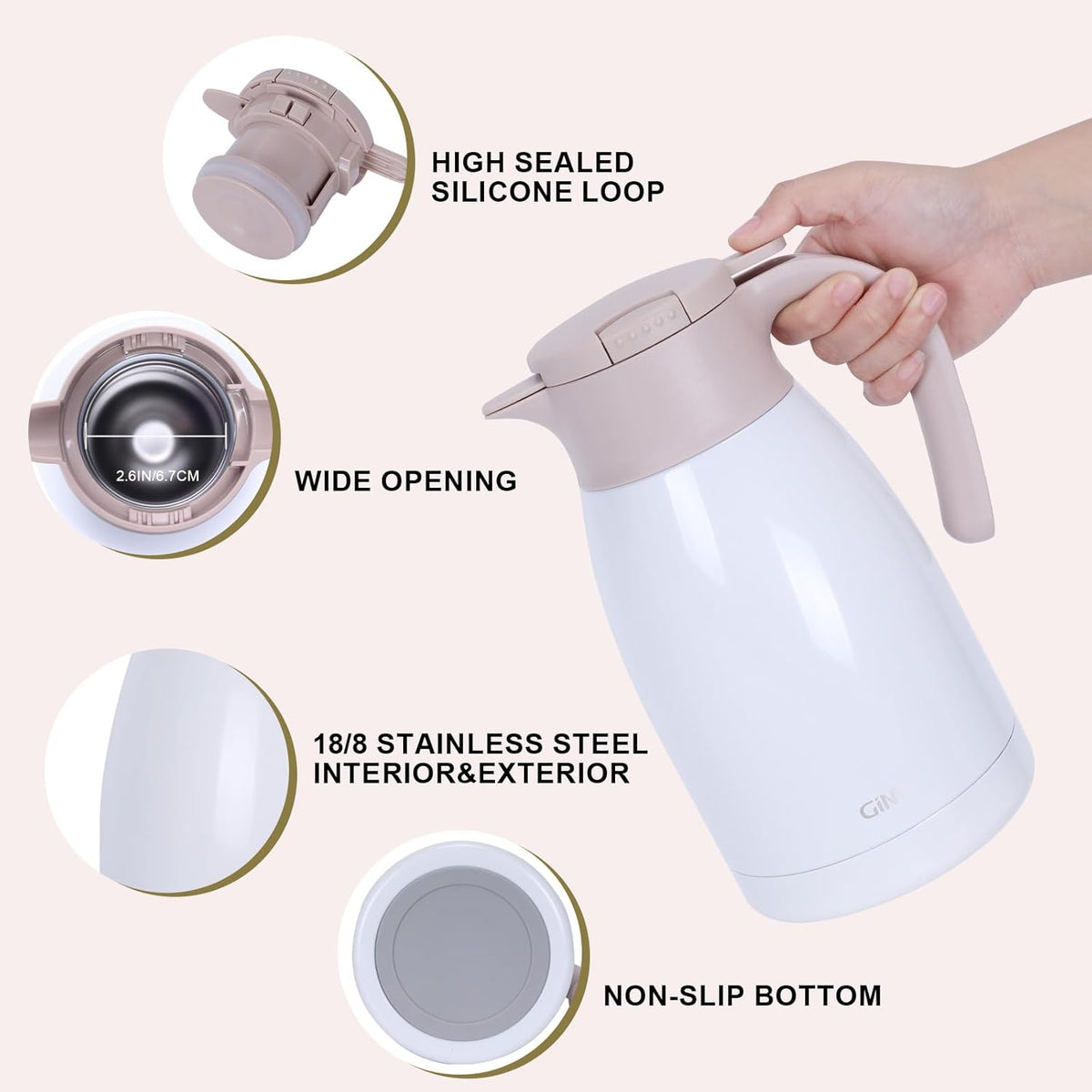 GiNT 50.7 Ounces Stainless Steel Thermal Coffee Carafe with Lid/Double Walled Vacuum Thermal Carafe / 12 Hour Heat Retention (White, 1.5L)