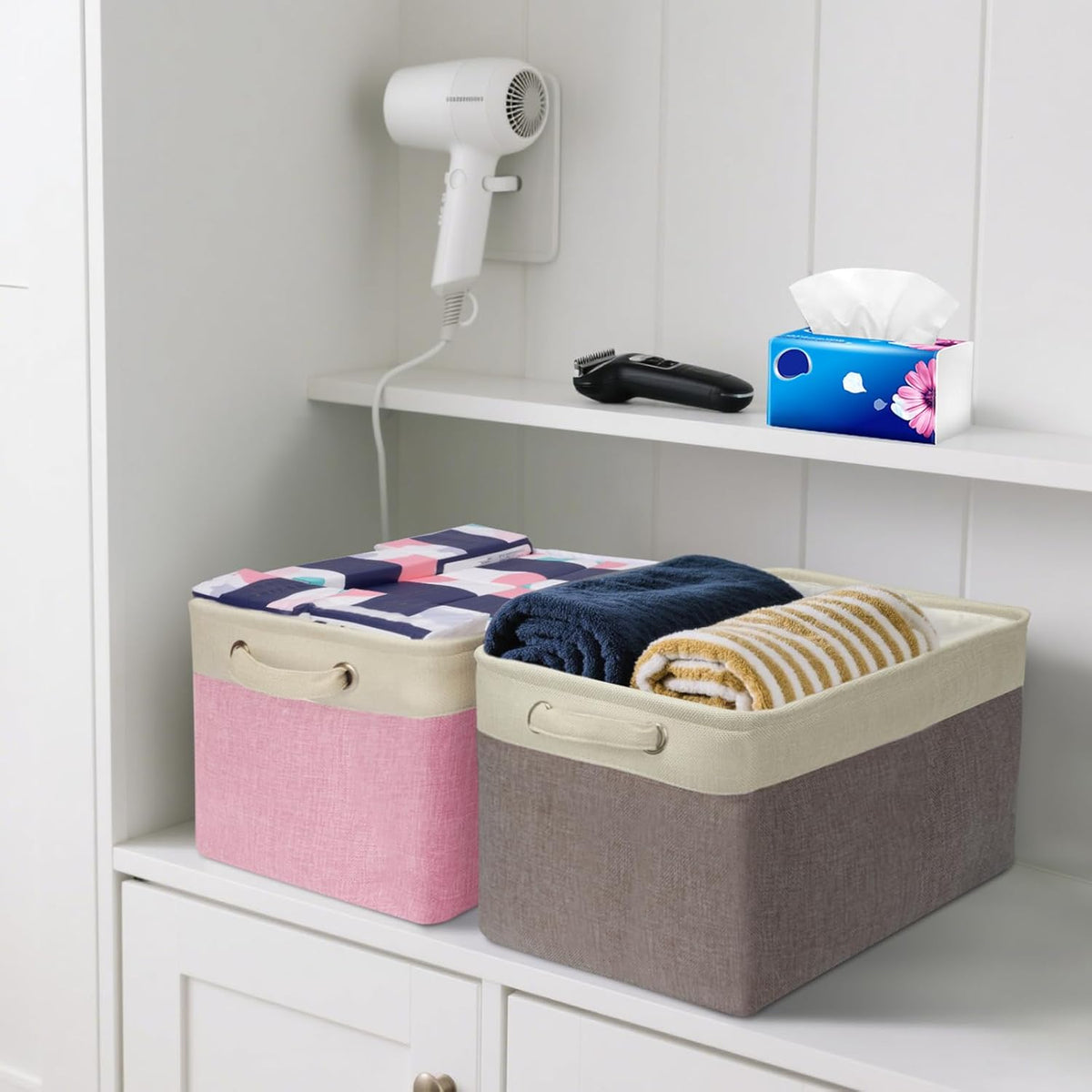 BALEINE 3 Pack Fabric Storage Bins for Shelves, Linen Storage Baskets for Organizing, Decorative Closet Bins for Clothes, Home (Black, 15"x11"x9.5")