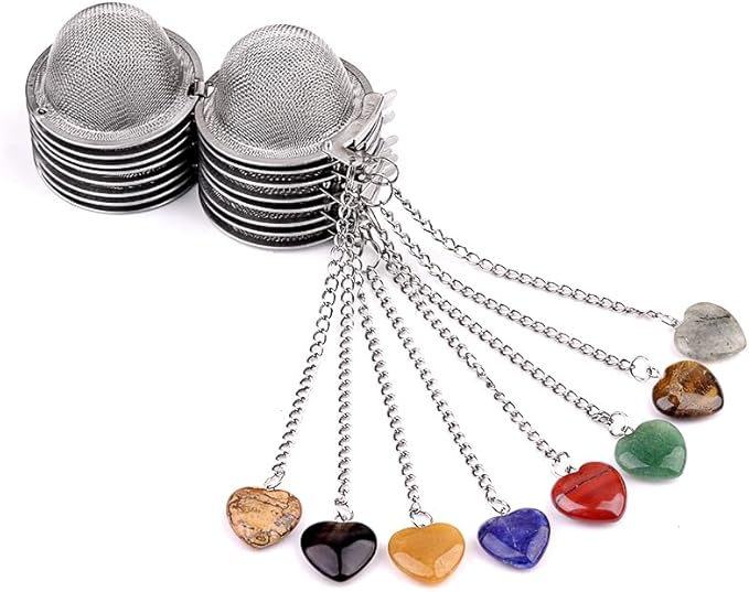 5 Pcs Tea Filter Stainless Steel with Heart Crystal Energy Stone Tea Strainers with Fine Mesh Extend Chain Hook Tea Ball Infuser for Loose Tea Leaves Spices Seasonings