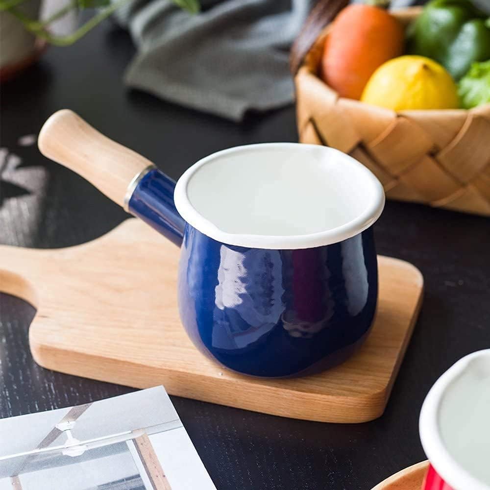 Enamel Milk Pot, Small Enamel Saucepan Milk Pot Butter Warmer 4 Inch 17 Oz Enamel Small Sauce Pan with Wooden Handle, Perfect Size for Heating Smaller Liquid Portions. (Blue）