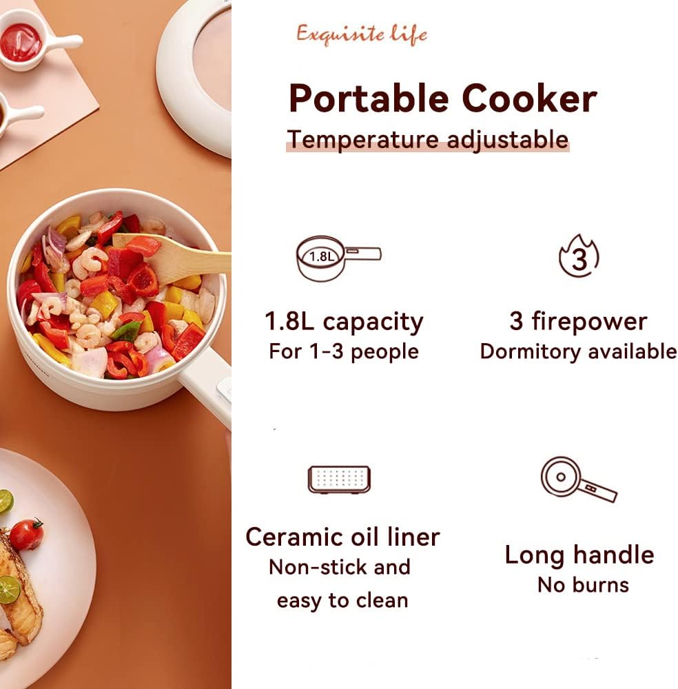 Drizzle Electric Hot Pot Cooker Steamer 1.8L Multifunctional Nonstick Pan Office Dorm Cooking Portable Ramen Cooker Steamer Boil Dry Protection Suitable For Noodle Cooker Eggs StirFrying