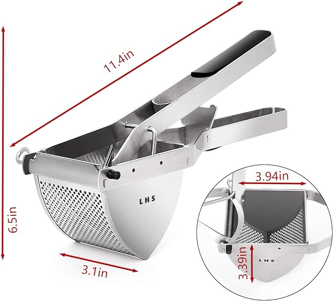 LHS Stainless Steel Potato Ricer and Masher, Heavy Duty Commercial Food Masher, Ergonomic Comfort Grip, Extra Large Capacity, Dishwasher Safe (Black)