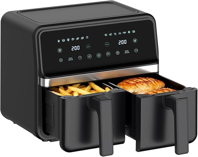 8 Quart Dual Basket Air Fryer - Digital Touchscreen, Smart Sync Finish,Auto Shutoff, 2 Independent 4QT Nonstick Dishwasher-Safe Frying Baskets - Digital Double Air Fryer