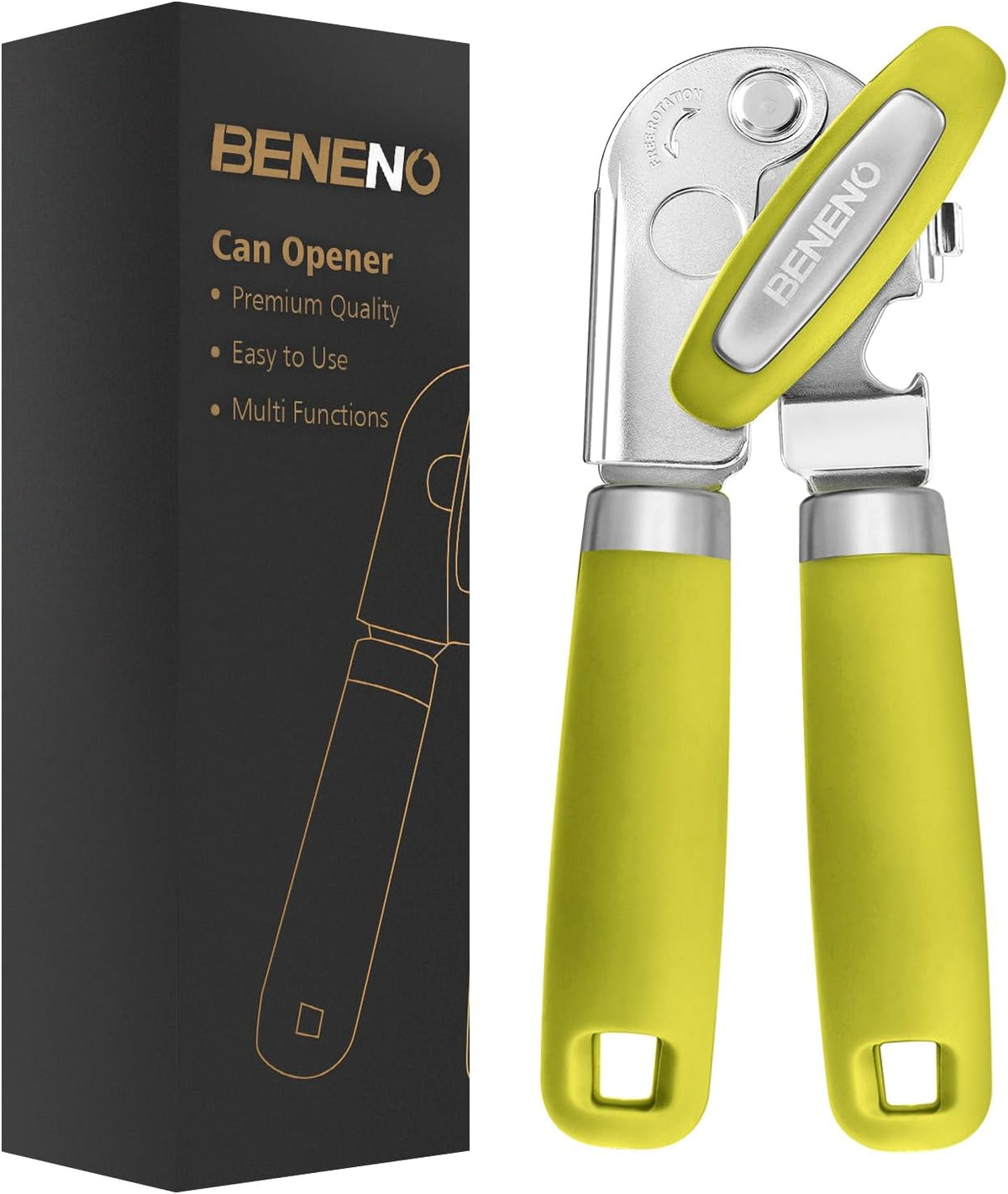 Beneno Can Opener Manual with Magnet, Hand Held Heavy Duty Can Opener with Durable Sharp Blade Smooth Edge, Big Effort-Saving Knob, Soft Grip Rubber Handle, Multifunctional Bottle Opener, Lime Green