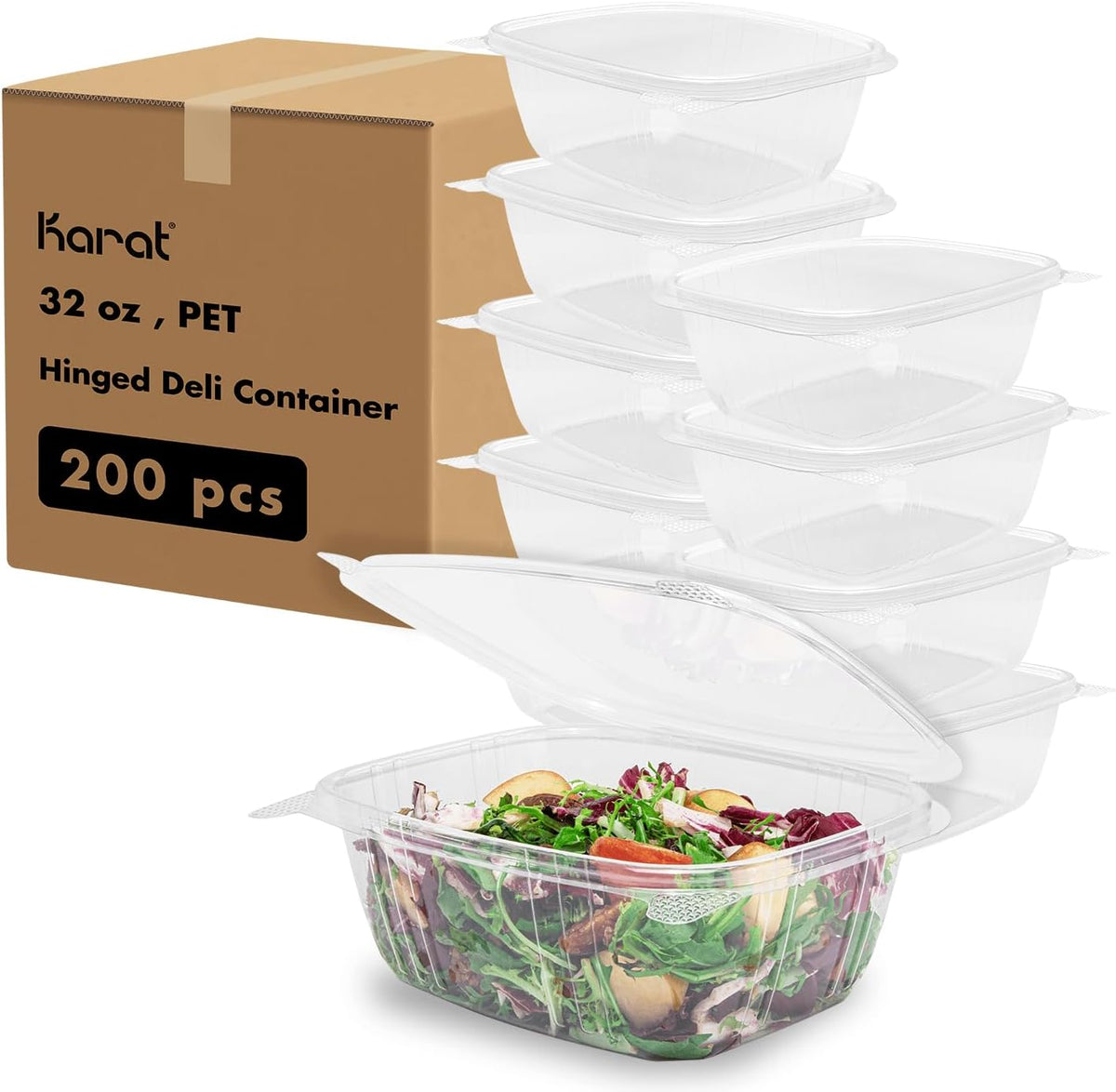 Karat 200 Count Clear PET Hinged Deli Take Out Containers - 32 oz Plastic Clamshell Food Containers, Disposable Square to Go Boxes, Ideal for Pasta Salads, Fruit, Deli Sides and More, FP-HDC32