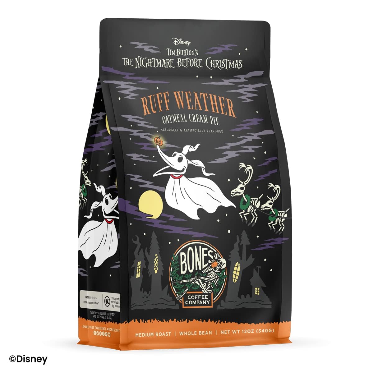 Bones Coffee Company The Nightmare Before Christmas Ruff Weather Flavored Coffee Beans, Medium Roast Ground Coffee Low Acid, Oatmeal Creampie Flavor (12 oz)