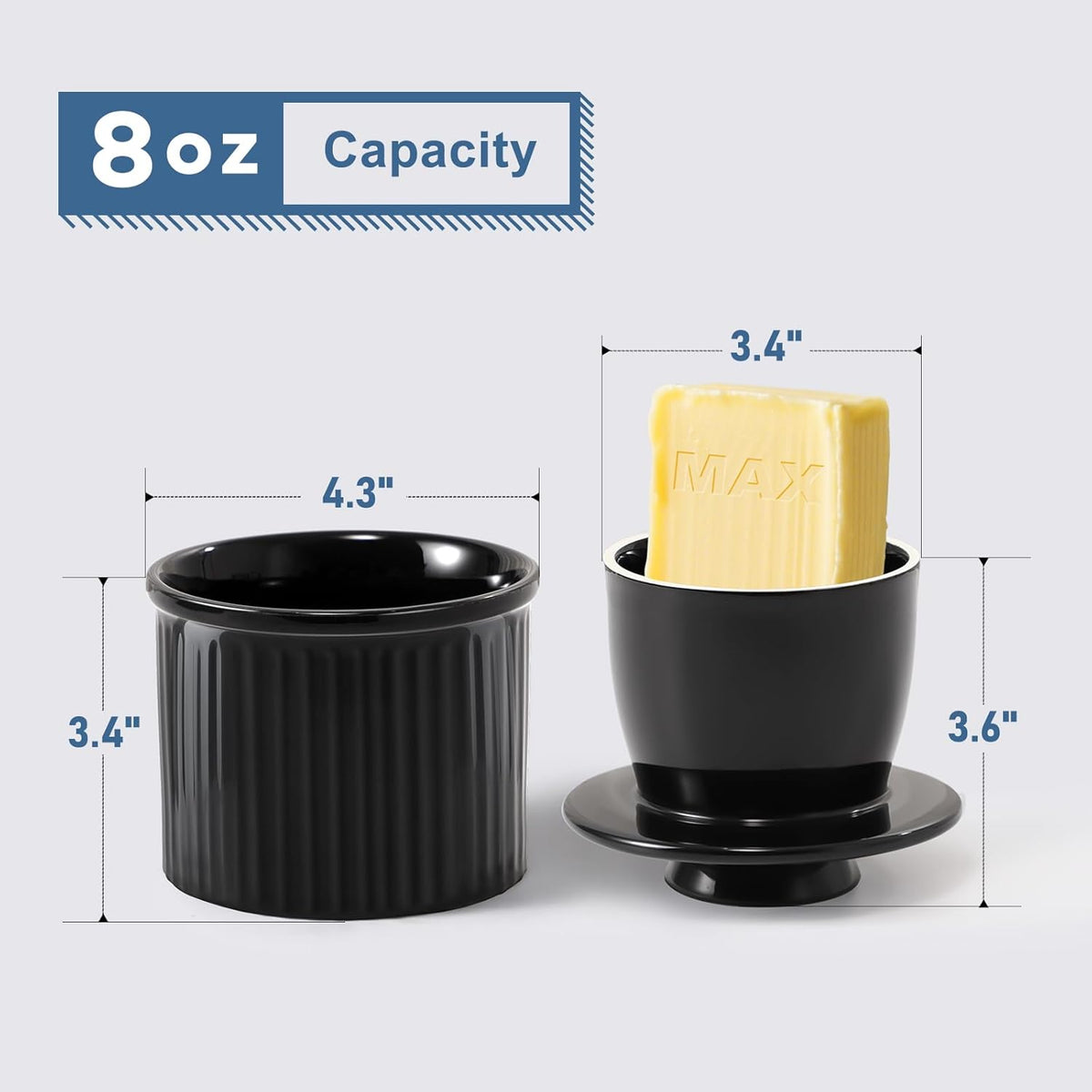 Large Butter Crock Bell for Counter with Water Line, Butter Keeper, Ceramic French Butter Dish Holder for Fresh Spreadable Soft Butter (Black, 8 Ounce)