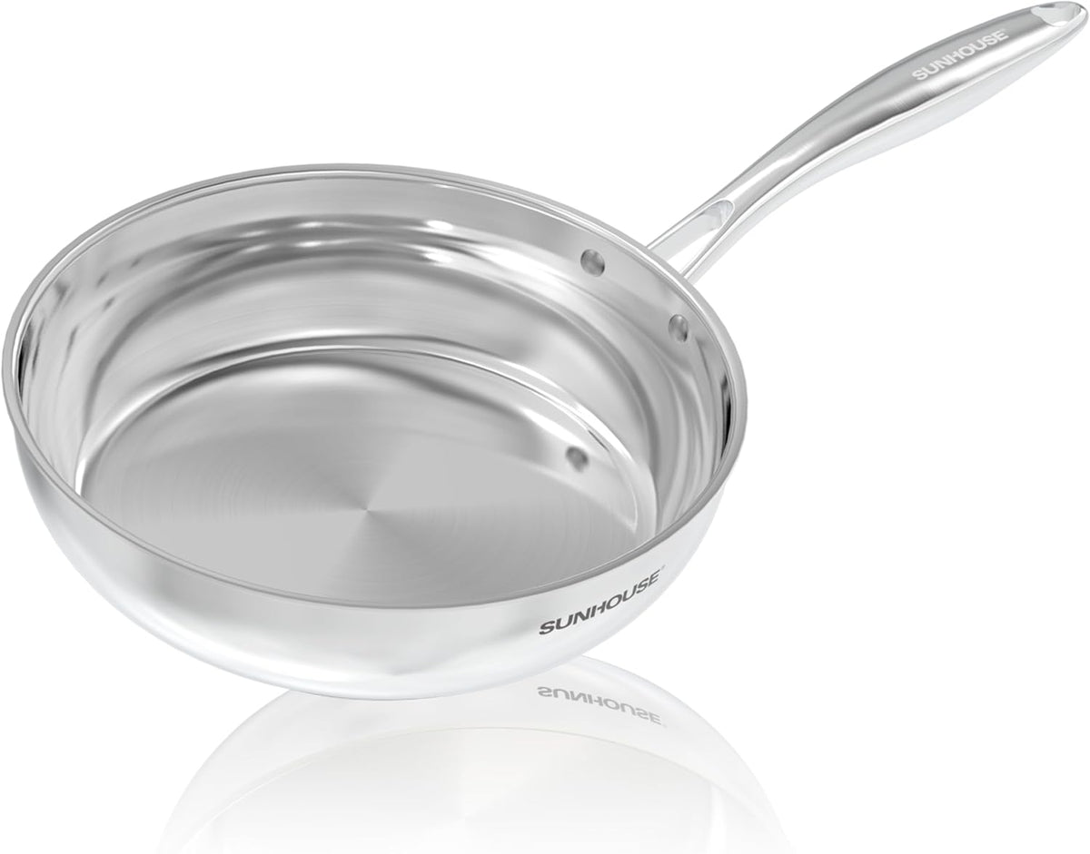 Sunhouse 10 Inch 18/10 Chef Series Stainless Steel Frying Pan, Tri-Ply Stainless Steel Construction, PFOA-FREE, Stay-Cool Handle, Induction Compatible with All Cooktops, Dishwasher Safe