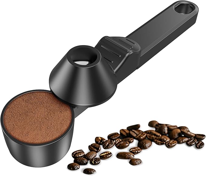 Coffee Scoop & Funnel for Reusable K Cup Refillable Coffee Pods, Coffee Measuring Spoon 2 Tablespoon Capacity, Scoop with Funnel for Ground Coffee, Protein Powder, Tea (Black, 1 Pack)