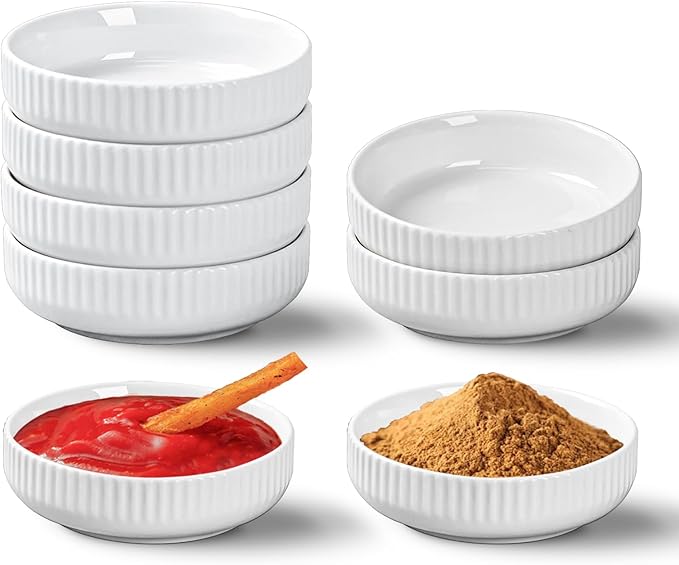 3 Oz 8 Pack Dipping Bowls Set - Ceramic Dipping Sauce, Soy Sauce Dish, Side Dish, Small Serving Bowls for Kitchen, BBQ, Condiments, Appetizer, Dessert, Sushi, Party - White Japanese design