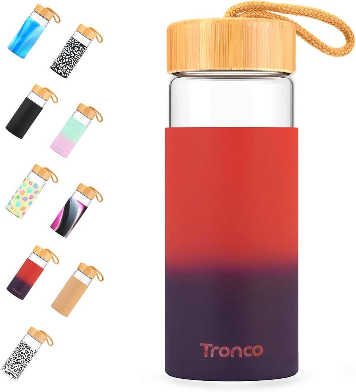 Tronco 20oz Borosilicate Glass Water Bottle with Bamboo Lid, Non-Slip Silicone Sleeve, Leak-Proof and Reusable Glass Bottle Perfect for gifts,Travel, Gym, and Everyday Use, BPA-Free, Dishwasher Safe