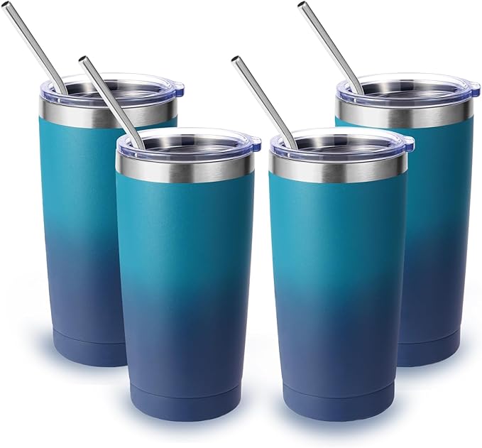 Volhoply 20oz Stainless Steel Tumbler with Lid and Straw Bulk 4 Pack,Double Wall Insulated Travel Iced Coffee Mug Fits Cup holder,Powder Coated Cups for Cold Drinks,Gifts for Women（Dark Night,4 Set）