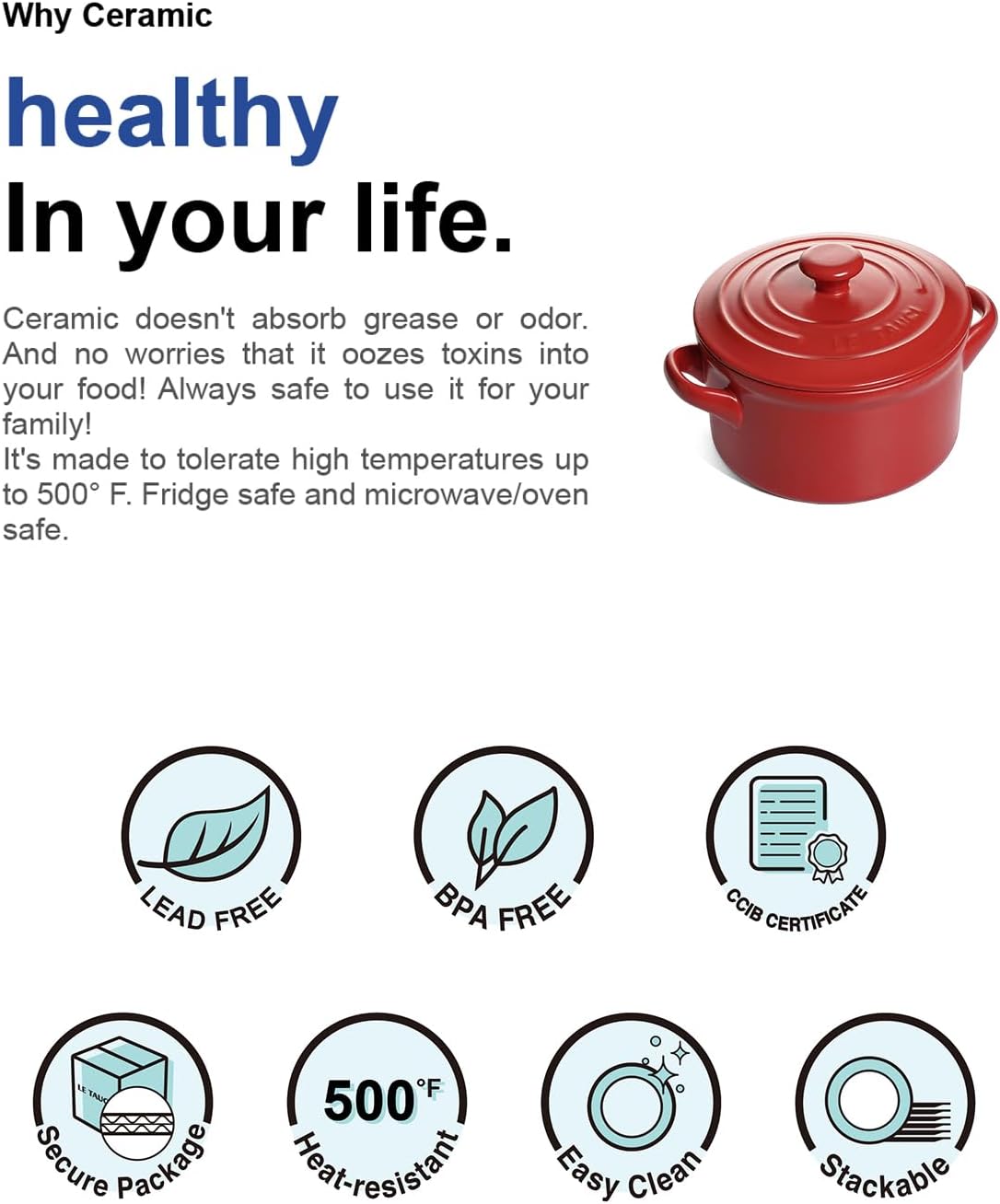 LE TAUCI 3 Quart Ceramic Dutch Oven - Lightweight, Non-Toxic, No Seasoning Needed- Oven, Microwave & Dishwasher Safe, Dutch Oven Pot with Lid for Sourdough, Soup & Stew, Chili Red