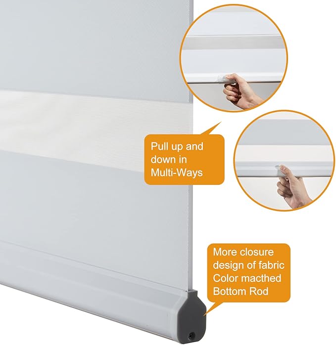 Persilux Cordless Zebra Blinds for Windows Free-Stop Roller Windows Shades (58" W X 47" H, White) Dual Layer Light Control for Day and Night, Light Filtering Sheer Shades for Home, Easy to Install