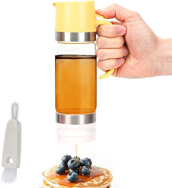 12 Oz Glass Honey Dispenser Pot with Silicone Base No Drip Honey Container Jar, Maple Syrup Dispenser with Handle for Pancake, Coffee or Tea Yellow
