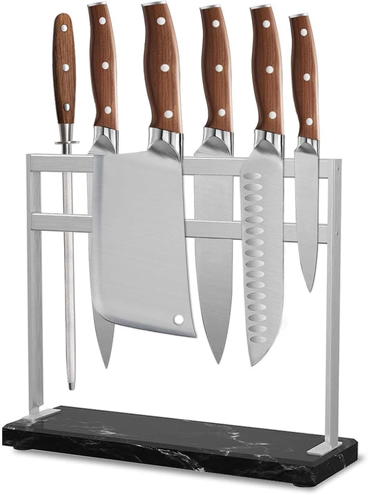 Magnetic Knife Stand Block with Marble Base, Double-sided Stainless Steel Magnets for Countertop, Magnetic Knife Holder for Kitchen Storage, 12 IN, Black