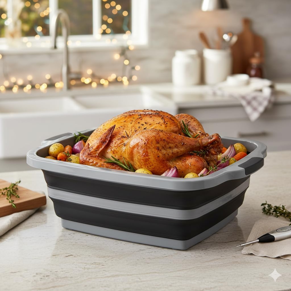 Collapsible X-Large (16L) BBQ Marinating Tub w/Cutting Board | Multipurpose Food-Grade TPE Prep Tub w/Lid | Built-In Colander & Drain Plug - For Camping | Tailgate | Picnic - Slate Black