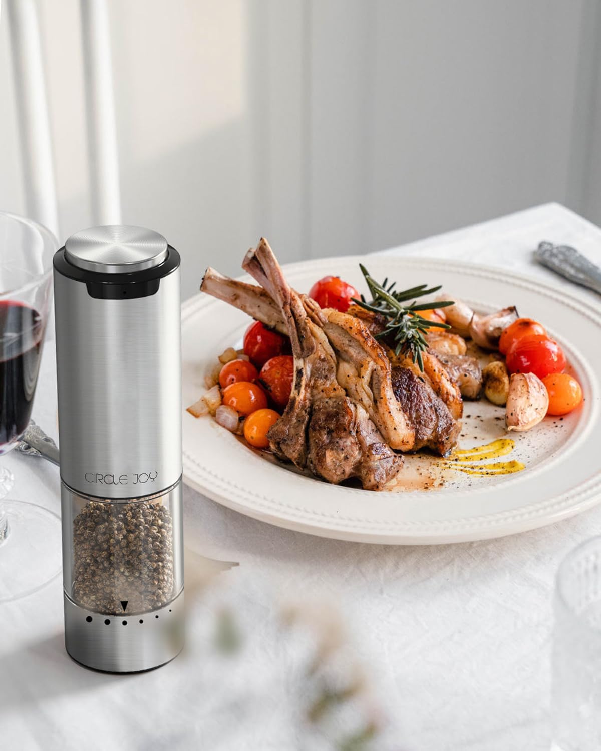 CIRCLE JOY Rechargeable Electric Salt and Pepper Grinder Set with Base, Stainless Steel Pepper Mills with 95ml Container, White LED Light and External Adjustable Coarseness, Silver