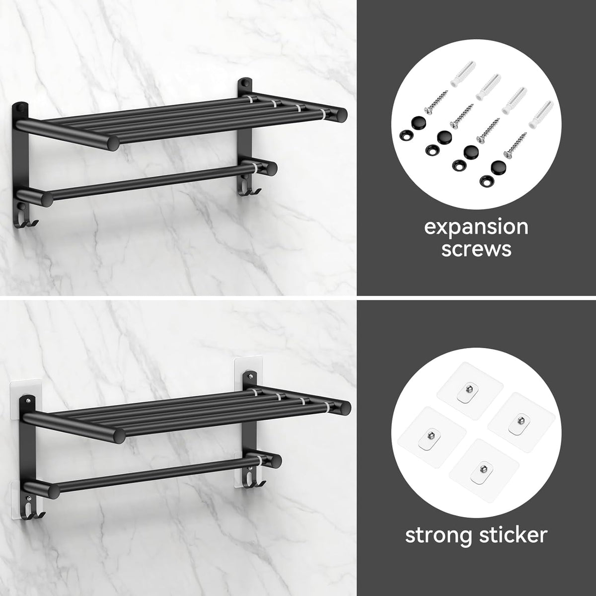 Adjustable Towel Bar for Bathroom Wall Mount17-30.7inch Adhesive Shower Towel Rack Stainless Steel Bath Towel Holders for Toilet Kitchen Double Towel Hanger (Black 2-Layer Towel Rack)