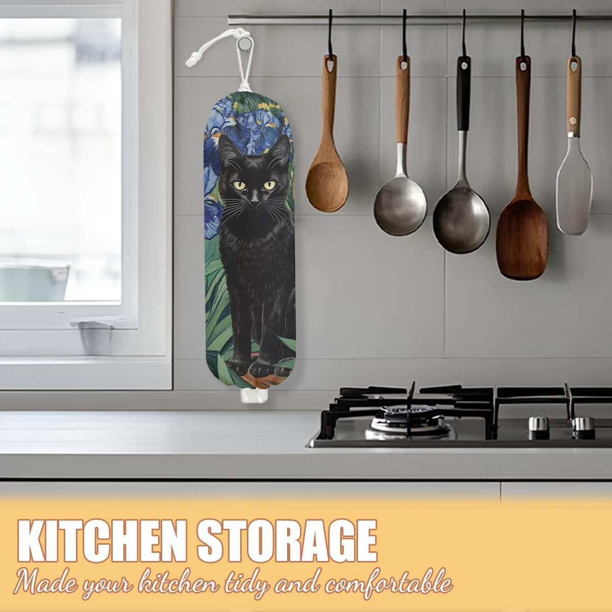 Flower Cat Plastic Bag Holder, Wall Mount Grocery Bag Holder, Plastic Storage bag, Pull Rope Free Adjustment, Plastic Bag Holders for Grocery Bags, Plastic Bag Dispenser for Home Kitchen