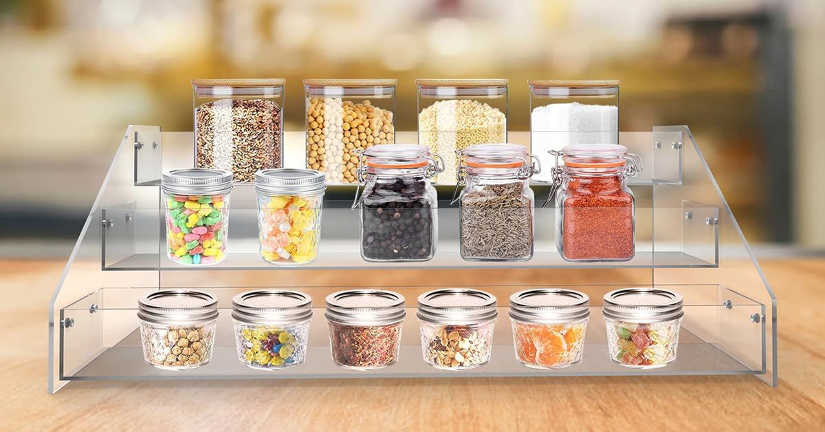WUIVIUT Acrylic Tiered Spice Shelf Organizer, 3-Tier Transparent Countertop Spice Rack, 12.21 x 6.33 x 4.56 inches, Kitchen Pantry Storage