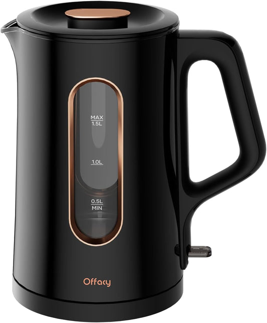 Offacy Electric Kettle, Tea Kettle Pot, Double Wall Glass Inner 1.5L/1200W, Hot Water Kettle Teapot Boiler & Heater with Automatic Shut Off, BPA-Free & LED Indicator Lights, Black