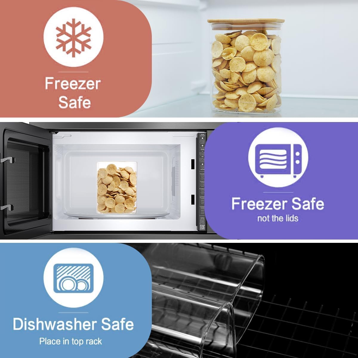 4 Pack Square Glass Pantry Storage Containers with 132 Kitchen Food Pantry Labels - 34 floz Clear Glass Pantry Jars with Airtight Wood Bamboo Lids - Glass Canisters for Tea, Cereal, Coffee, Spice