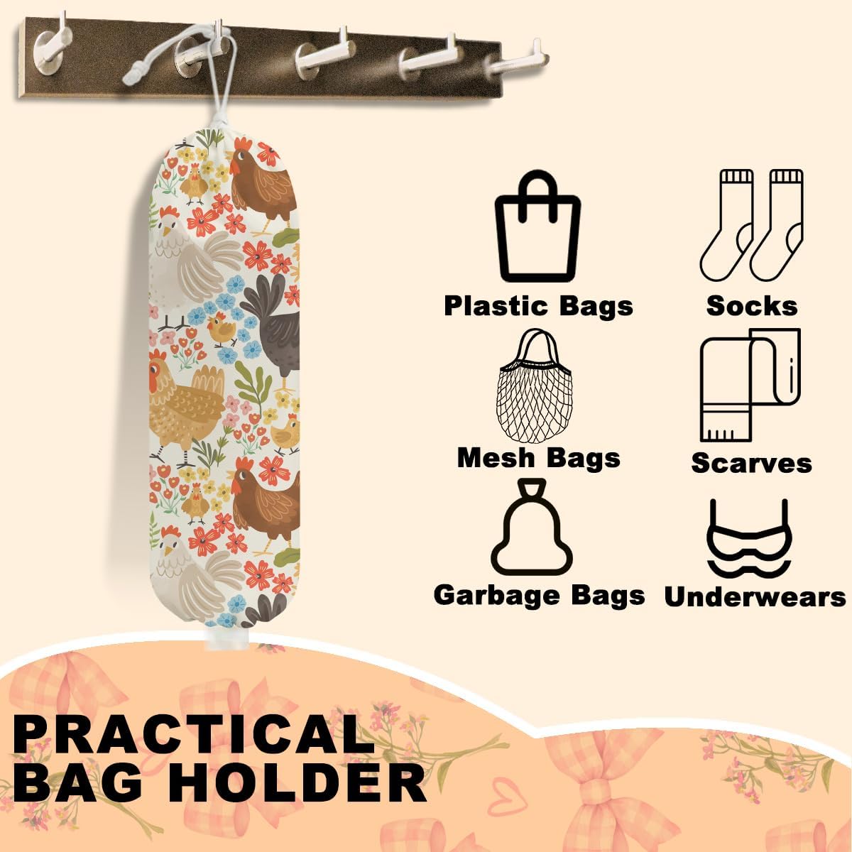 2 Pcs Chicken Plastic Bag Holder, Funny Chickens Grocery Bag Holder for Plastic Bags, Pull Rope Free Adjustment, Floral Grocery Bags Storage Dispenser for Home Kitchen, Chicken Gifts for Women