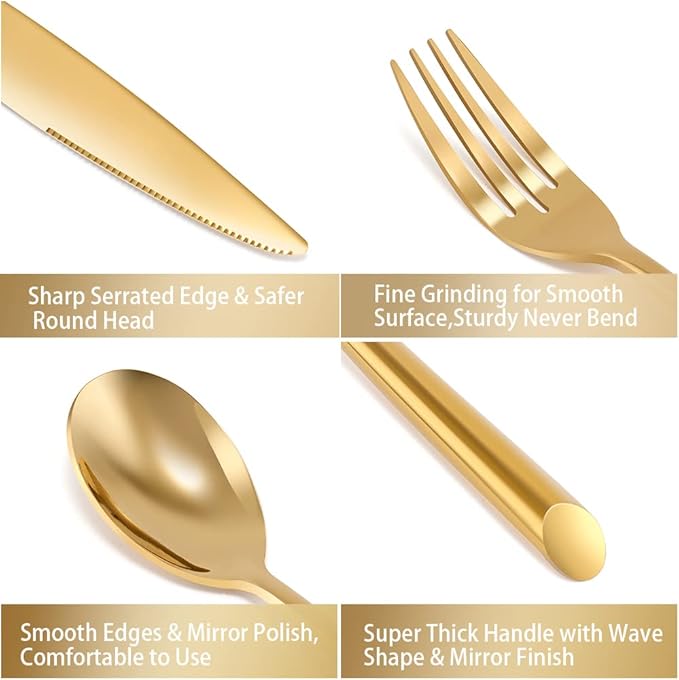 DEACORY Silverware Set Gold Flatware Set Cutlery Set Heavy Stainless Steel Brass Dishwasher Safe Streamlied Handle 20 Pieces Service for 4