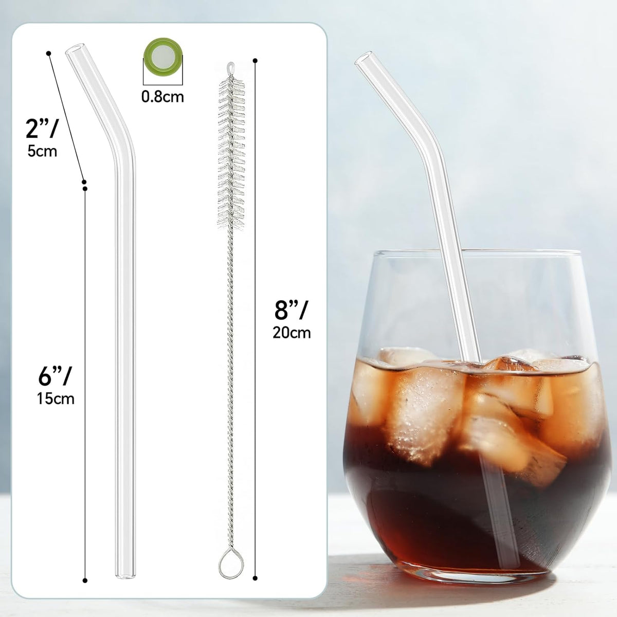 12 Pcs Reusable Glass Straws 8"x 8 mm Bent Glass Drinking Straws with Cleaning Brush for Tea, Smoothies, Milkshakes, Juices,Beverages(Clear)