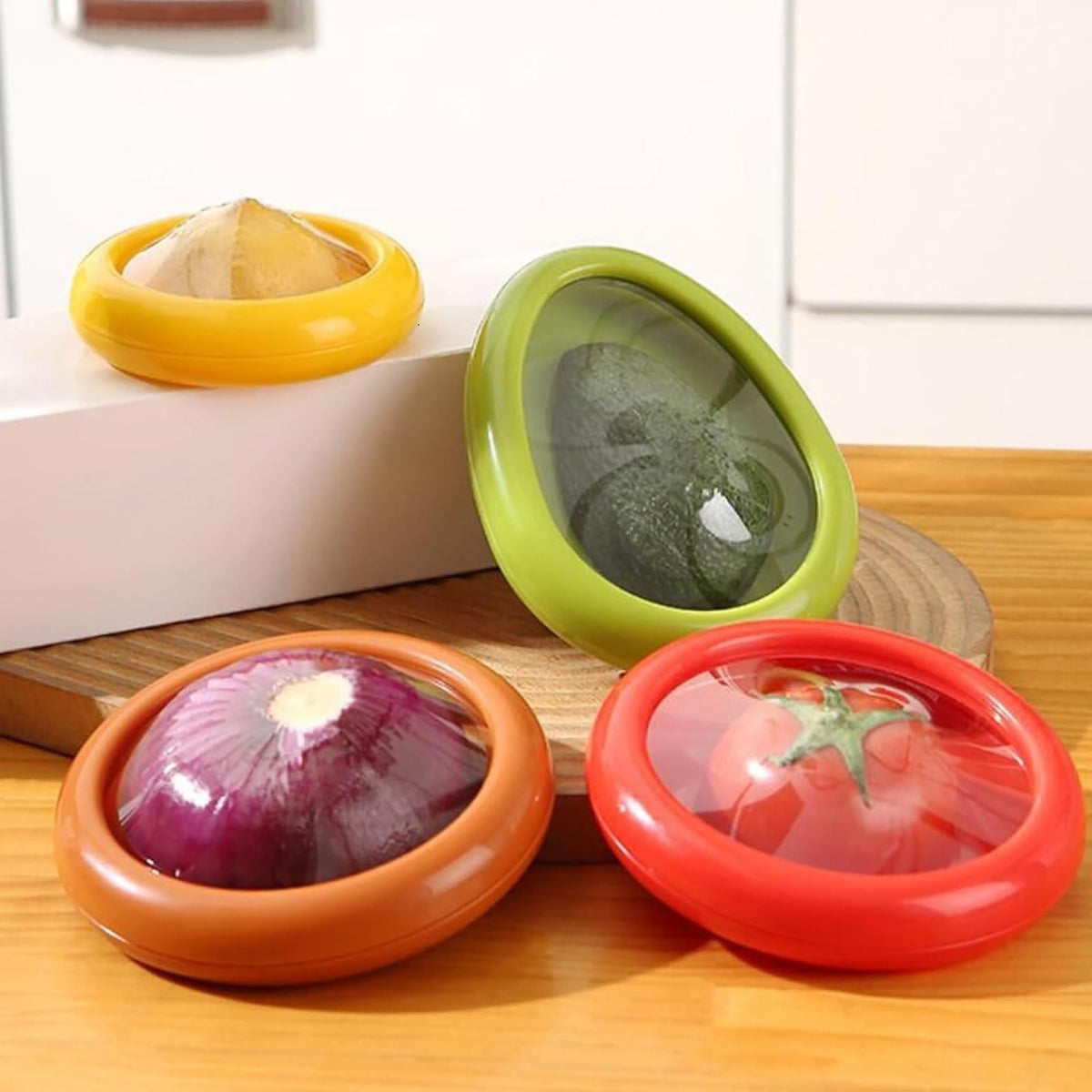 Set of 4 Fresh Food Containers, Fresh Pod, Reusable Silicone Storage Pods for Avocado, Onions, Tomatoes, Garlic – Anti-Oxidation for Fridge, Send Goods from Local Warehouse