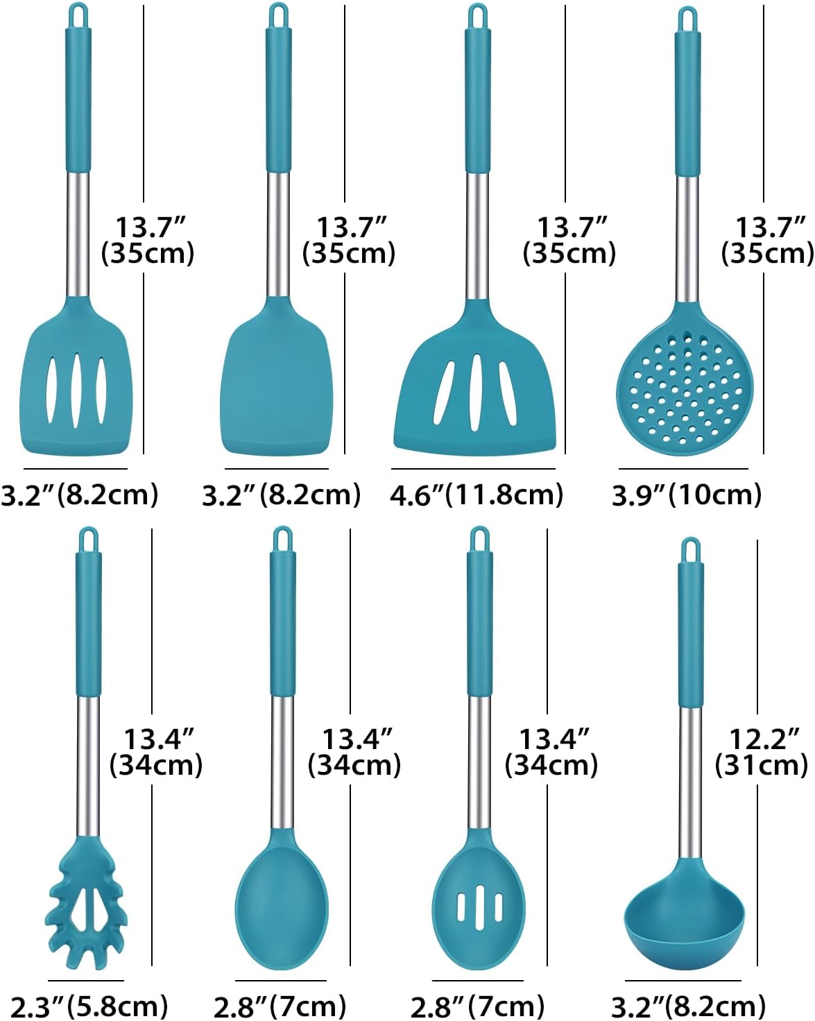 Silicone Cooking Utensil Set, 8Pcs Non-stick Cookware with Stainless Steel Handle, BPA Free Heat Resistant Kitchen Tools with Spatulas, Turners, Spoons, Skimmer and Pasta Fork