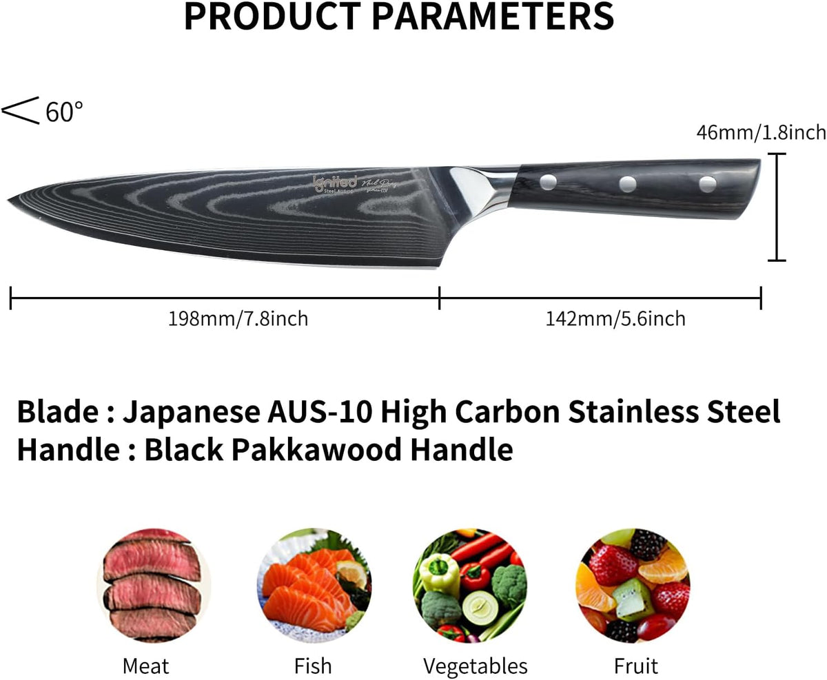 Damascus Chef Knife 8 Inch, Professional Chefs Knife With Japanese Aus-10 High Carbon Stainless Steel, Japanese Chef Knife With Black Pakkawood Handle, Chef's Kitchen Cutting Knife