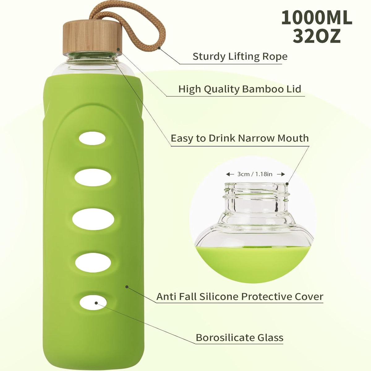 Sport 32oz Glass Water Bottle 1000ml /1 liter Borosilicate Glass Water Bottle Reusable Waterbottle Jugwith Silicone Sleeve and Unique Lid (Green