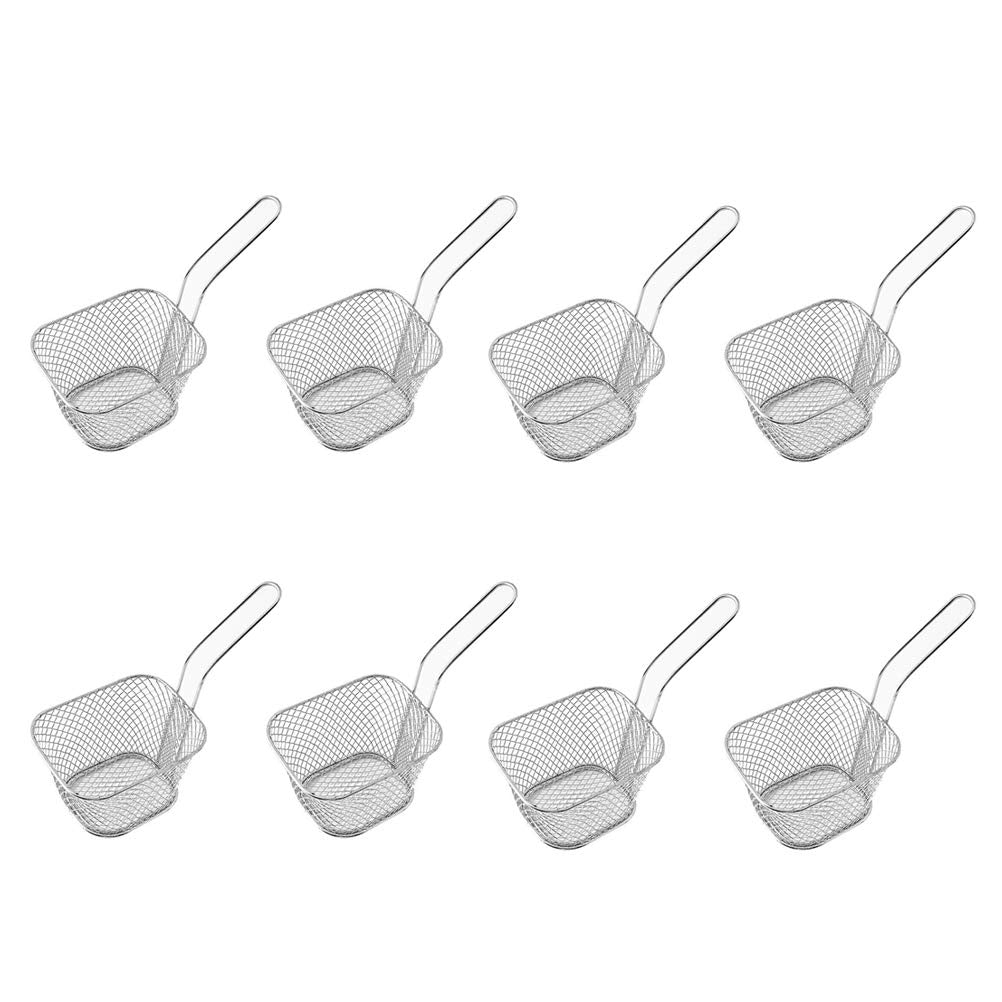 8 Pcs Mini Square Fry Baskets, 4.13×3.3×2.5inch Stainless Steel Fry Basket with Handle Steel French Fry Chip Basket French Fries Desk Food Presentation Mesh Basket Kitchen Cooking Tool