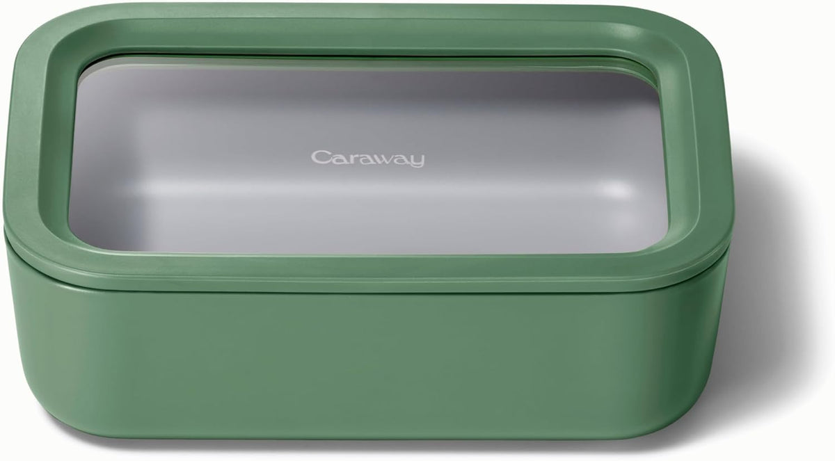 Caraway Glass Food Storage - 6.6 Cup Glass Container - Ceramic Coated Food Container - Non Toxic, Non Stick Lunch Box Container with Lids - Dishwasher, Oven, & Microwave Safe - Sage