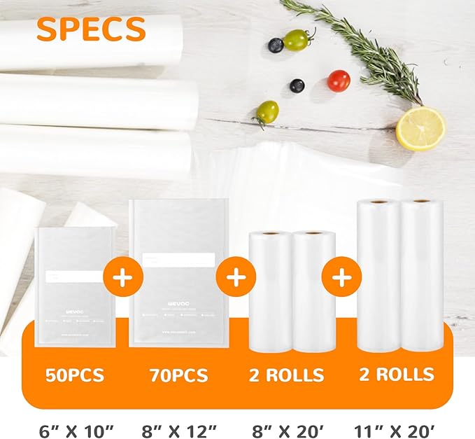 All-in-One Variety Pack Vacuum Sealer Bags & Rolls – 50x 6''x10'', 70x 8''x12'', 2 Rolls 11''x20', 2 Rolls 8''x20' – Premium Commercial-Grade for Food Storage, Meal Prep, & Sous Vide, Wevac