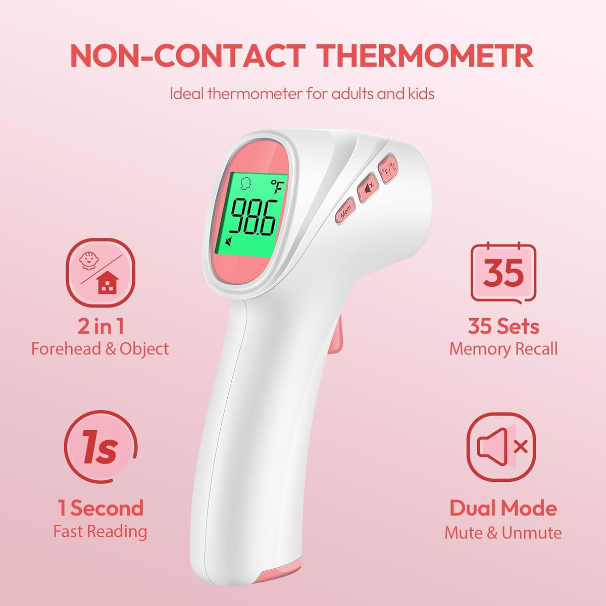 Forehead Thermometer for Adults, Kids & Babies, No-Touch Digital Thermometer with LCD Backlight Display, Fever Alarm and 1s Instant Reading - Pink