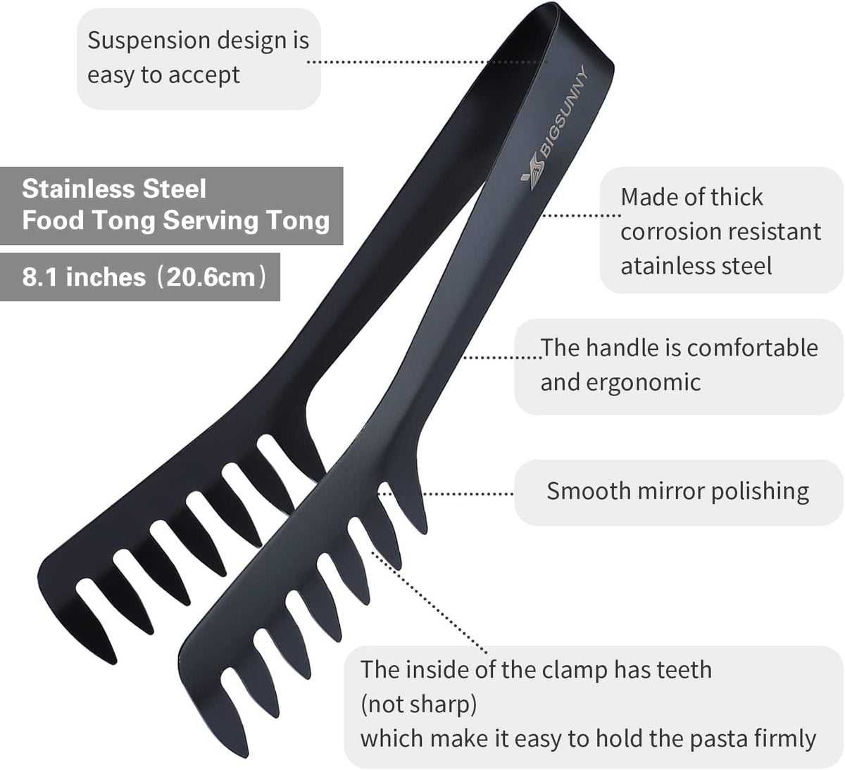 MSY BIGSUNNY 8-Inch Pasta Tongs, Stainless Steel Food Serving Tongs, Rust-Proof Spaghetti Tongs (Set of 2, Black)