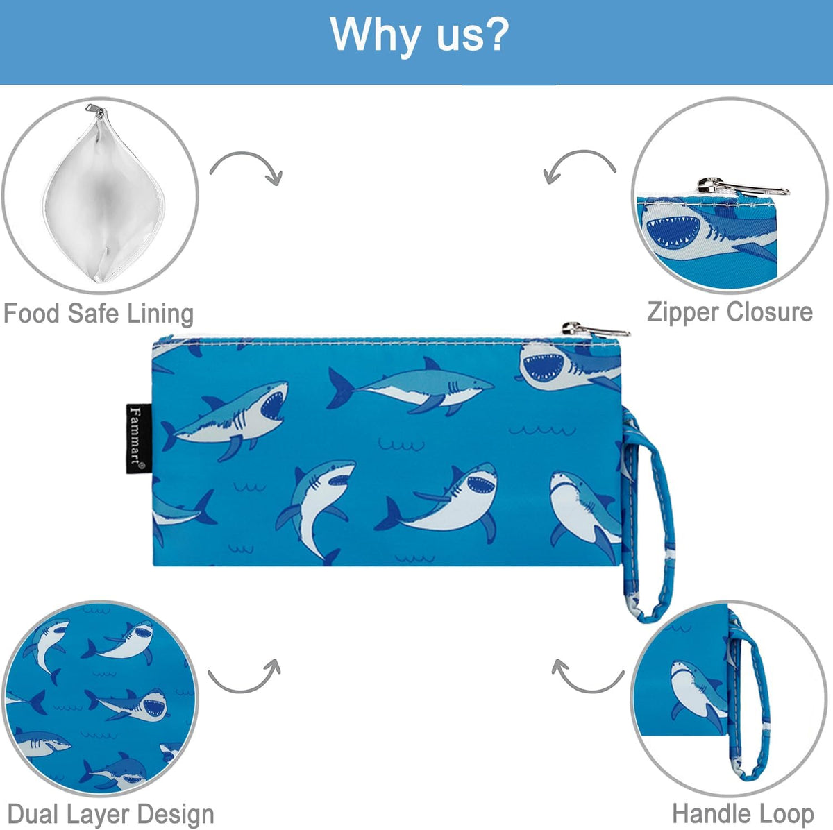 Reusable Sandwich Bag/Snack Bag for Kids & Adults, Dual Layer Lunch Bag with Handle, Washable, Food Safe, BPA Free (2-Pack, Shark)