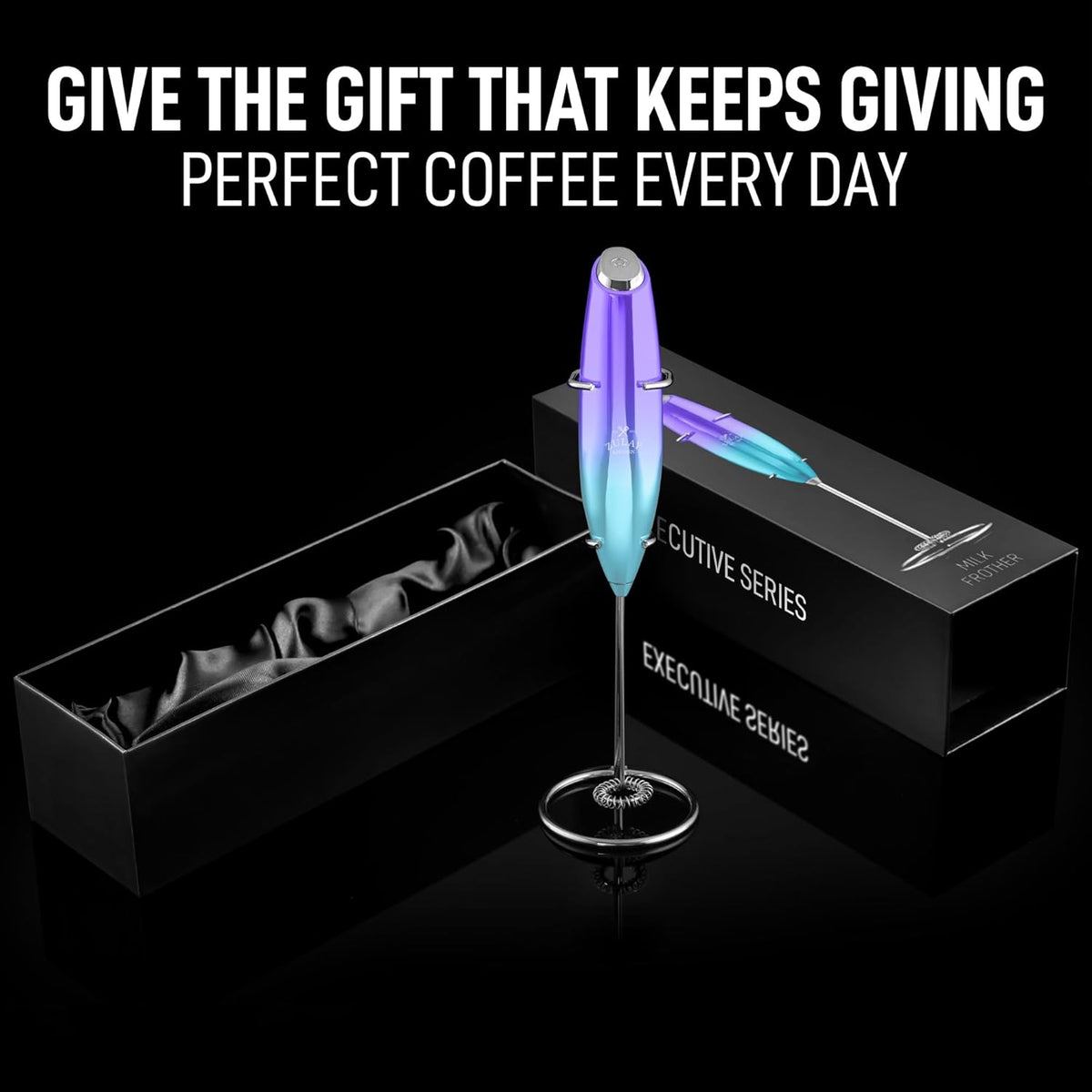 Zulay Executive Series Ultra Premium Gift Milk Frother - Coffee Frother Handheld Foam Maker For Lattes - Electric Milk Frother Handheld For Coffee - Purple Teal Fade w Silver OG Stand