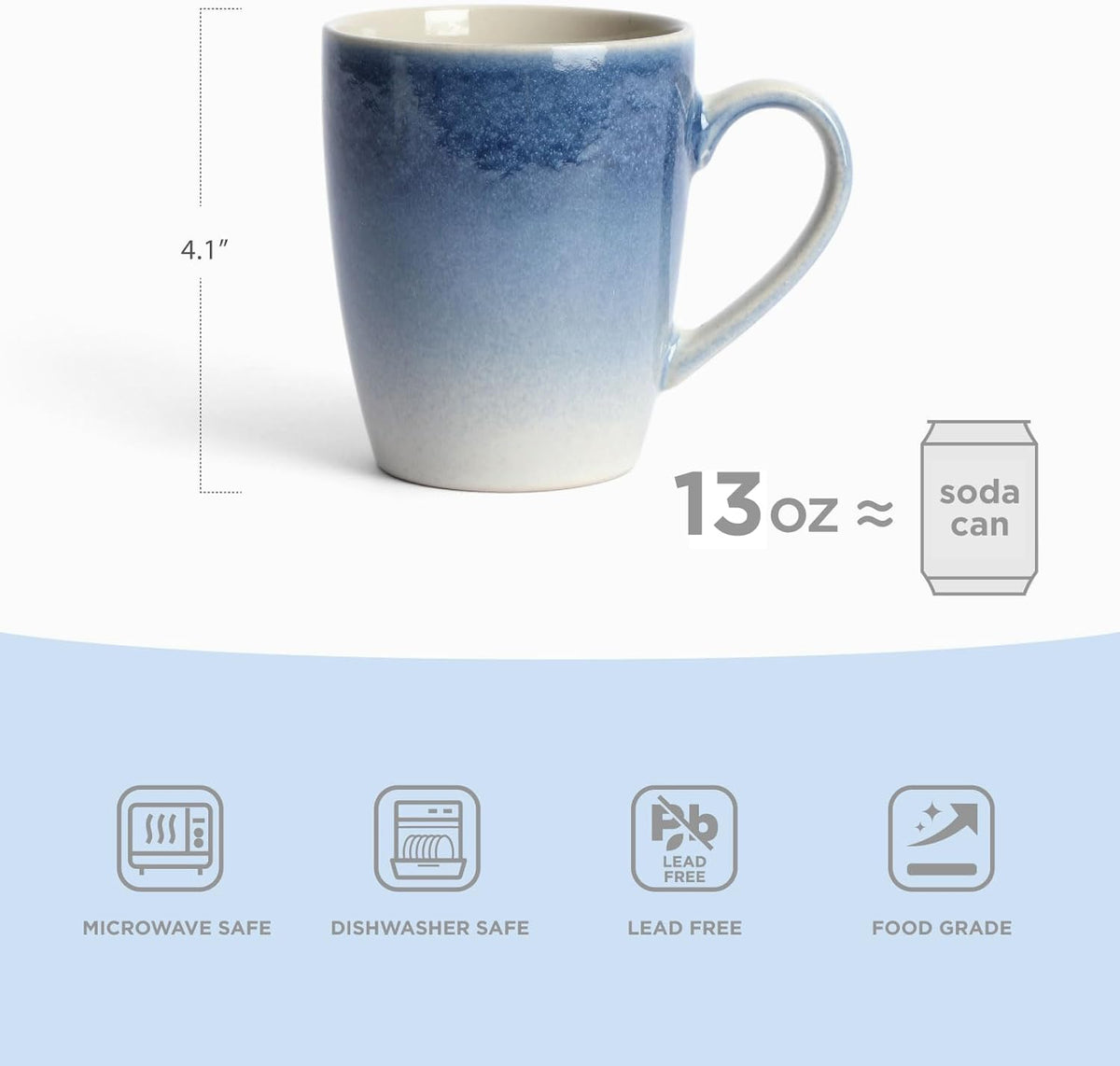 famiware Coffee Mugs Set, 13 oz Mug Set of 6, Stoneware Cups for Latte, Hot Tea, Mocha, Cocoa, Cappuccino, Microwave and Dishwasher Safe, Glacier Series, Azure Blue