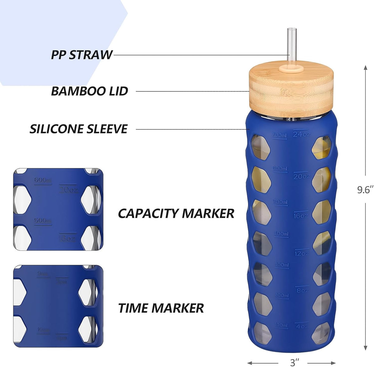 MUKOKO Glass Water Bottles, 24oz Glass Tumbler with Straw, Drinking Bottles with 2 Lids-Handle Spout Lid&Bamboo Straw Lid, Motivational Water Bottle with Time Marker and Silicone Sleeve, 1 Pack-Blue