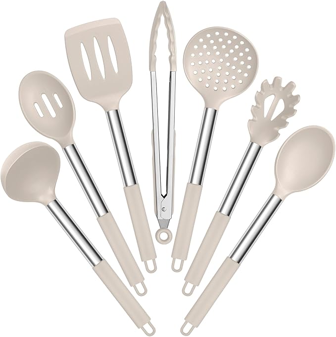 E-far Silicone Cooking Utensils Set, 7 Pcs Heat Resistant Kitchen Utensils with Stainless Steel Handle, Slotted Turner, Spoon, Soup Ladle, Pasta Server, Skimmer, Tongs for Nonstick Cookware, Khaki