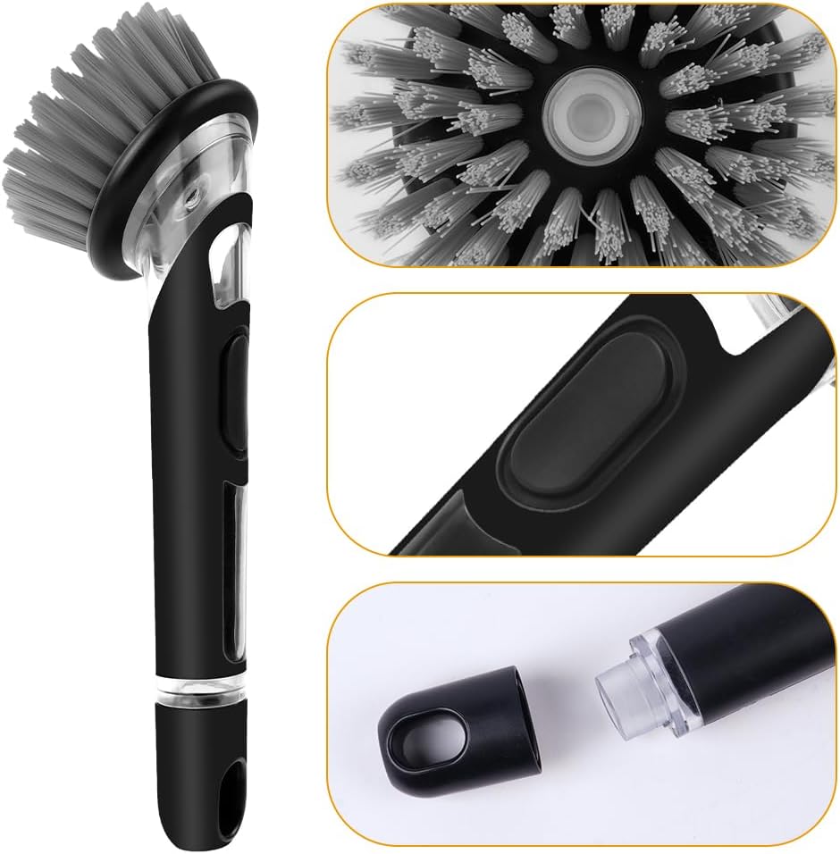 AUAUY Dish Brush with Soap Dispenser, Advanced Soap Control Dishwashing Brush, Dish Scrub Brushes with Handle, Kitchen Scrubbers for Dishes, Pan, Pot, Sink Cleaning Brushes