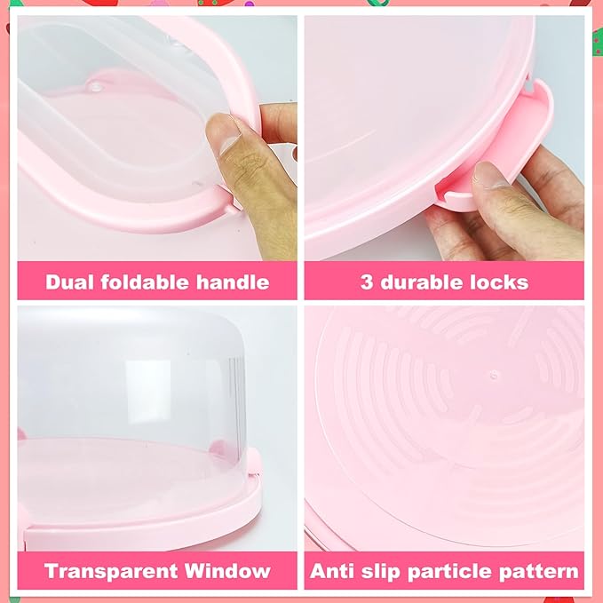 Cake Carrier with Lid and Handle, Fit 10’’ Cake Stand with Lid, Cake Transport Storage Container, Cake Containers Cover Stand with Lids, 3 Secure Side Closures (Pink)