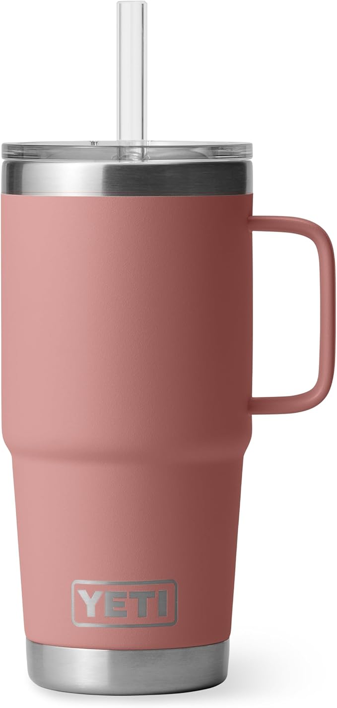YETI Rambler 25 oz Tumbler with Handle and Straw Lid, Travel Mug Water Tumbler, Vacuum Insulated Cup with Handle, Stainless Steel, Sandstone Pink