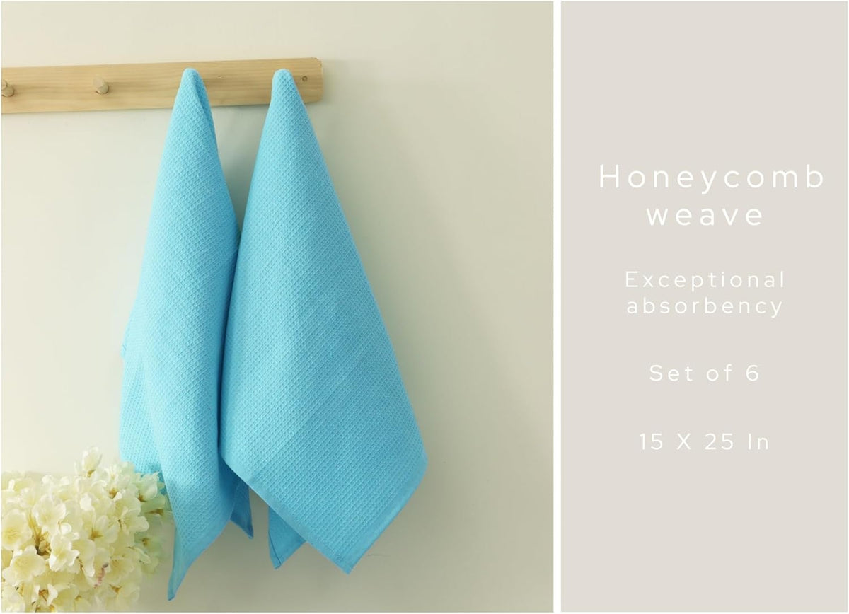 PurpleEssences Waffle Weave Kitchen Towel, 100% Cotton - 15 x 25 Inches, with Hanging Loop Ultra Soft Absorbent Quick Drying Dish Cloth, Tea and Hand Towels, 6 Pack - Spring Summer - Aqua Blue