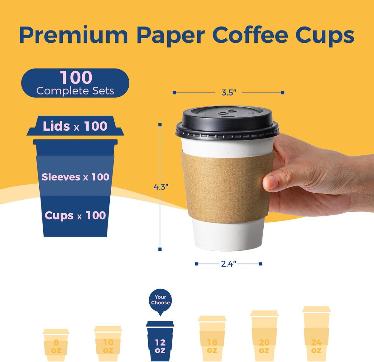 Fit Meal Prep 100 Pack 12 oz Disposable Coffee Cups with Lids, Sleeves, Leak-Proof To Go Coffee Cups with Lids, Durable Paper Cups for Hot Beverage, Home, Office, Party
